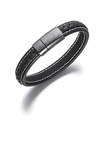 Lunavit Magnetschmuck, Herren Magnetarmband Zoom, schwarzes Lederarmband aus Rindsleder mit 1 Neodym Magnet und 1 Germaniumstein, Keramik Magnetverschluss