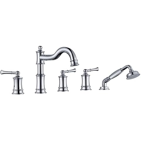 WINKEAR Roman Tub Faucet Set With Handheld Shower 5 Hole Deck Mount Tub Filler With Diverter, 3 Lever Handle Rough-in Valve and Water Supply Lines Included for Bathroom Tub, chrome Cover