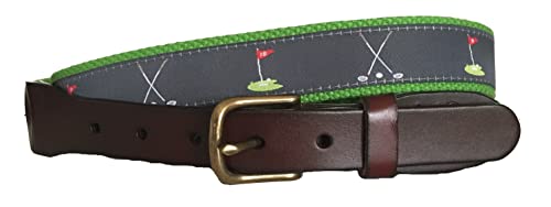 Mens Golf Leather Belt, Golf Clubs with Golf Holes Leather Tab and Brass Buckle,Golfing Style Leather Belt