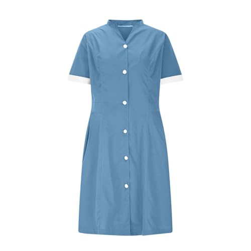 Womens Button Down Scrub Dresses Short Sleeve Loose Dress 2025 Housekeeping Maid Uniform Dress Workwear Pockets3