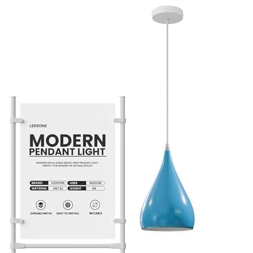 LEDSone Modern Industrial Style Ceiling Pendant Light Fitting Blue 16cm Teardrop Metal Hanging Ceiling Lights Fixture E27 Adjustable Hanging Light Fixture for Bedroom Living Room — image 1
