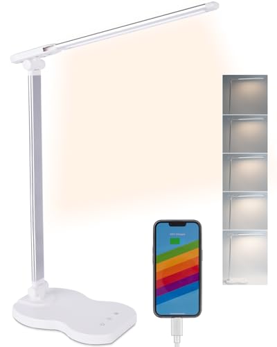 Qualore Lampada da Scrivania a LED, Lampada da Tavolo con 5 Livelli di Luminosità, 5 Modalità di Colore, Ricarica USB, Pieghevole, Protezione Agli Occhi, Memoria per Ufficio Bambino Studio Bianco