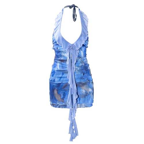 Women Sexy Halter Neck Floral Bodycon Mini Dress Backless Ruffle Layered Short Party Mesh Dress2
