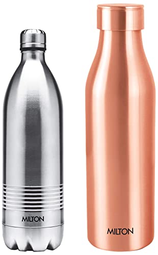Image of Milton Duo DLX 1000 Thermosteel 24 Hours Hot and Cold Water Bottle, 1 Litre, Silver+Milton Copper Charge 1000 Water Bottle, 960 ml, 1 Piece, Copper.