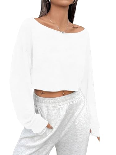 Avanova Camiseta corta de manga larga con hombros descubiertos para mujer, holgada, de gran tamaño, Blanco, XS