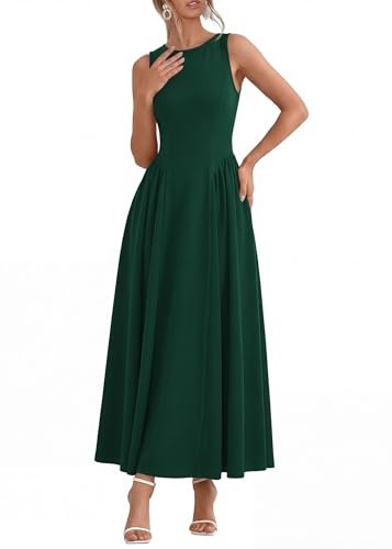 KIRUNDO Wedding Guest Dresses for Women 2026 Summer Semi Formal Work Sleeveless Elegant Boat Neck Flowy A Line Maxi Dress(Dark Green, Medium)