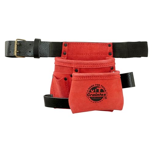 Graintex 4 Pocket Children's Tool Pouch Ideal for Home Improvement Projects | Kids Tool Belt for Young DIY Enthusiasts | Red Color Suede Leather Pouch, Hammer Loop, Adjustable Leather Belt - SS2524