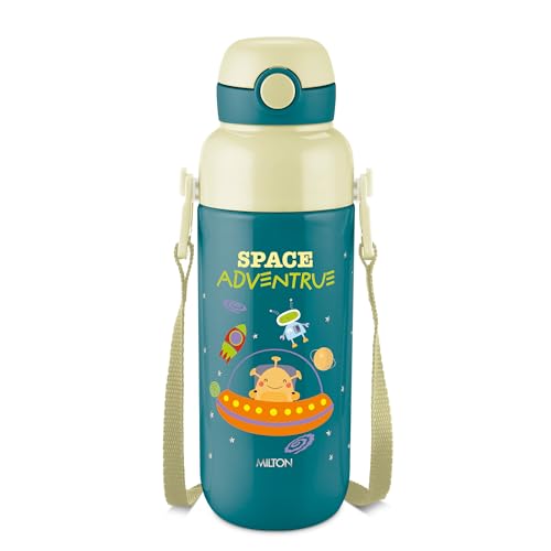 Image of Milton Steel Indus 600 Thermoware PU Insulated, 500 ml Water Bottle with Straw for Kids, Leak Proof Flip Top Sipper Lid Bottle, School, Picnic, Easy to Carry Belt, Dark Green