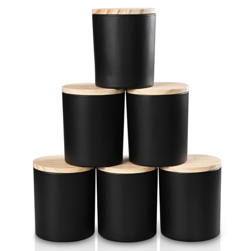 SHOWIN Thick Candle Jars for Making Candles 6 Pcs, 10 OZ Empty Jars with Wood Lids for Candle Making, Sample Container, Matte Black