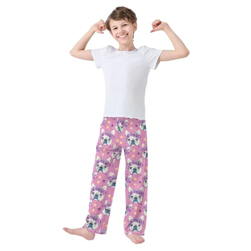 Cute Dog Puppy Flowers Long Pajama Pants Elastic Waist PJ Bottoms with Pockets S A1134633
