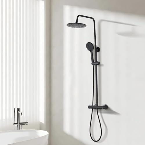 Colonne de Douche Thermostatique STANEW, Ensemble de Douche Set, Salle de Bain Colonne de Douche, Thermostat avec Mitigeur Réglable en Hauteur Système de Douche (Noire (Ronde))