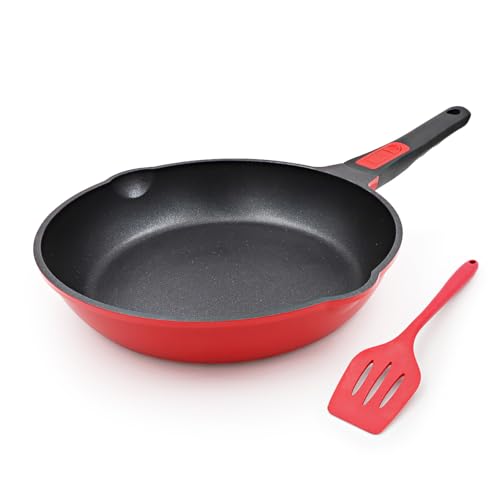 Bobikuke Poêle 26cm AntiadhéSive, Poêle à Frire En Aluminium Avec Poignée Amovible, Poêle en Pierre Pour Tous Les Types de Feux (Rouge-Noir)