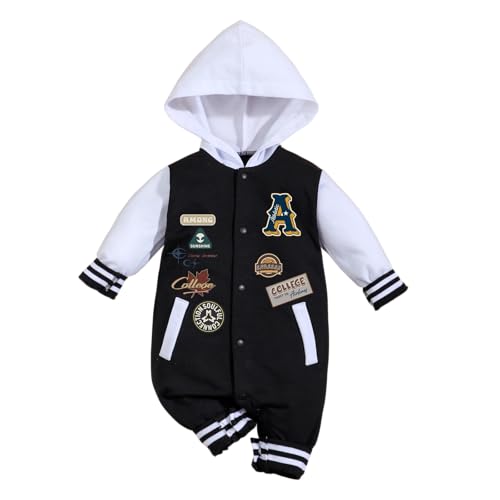 Image of IURNXB Baby Boy Girls Long Sleeve Button Patchwork Hooded Baseball Jacket Casual Fashion Streetwear Romper 0-18 Months