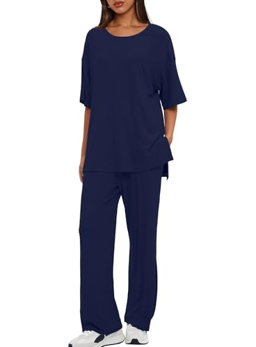 Image of Darong Women's Two Piece Sets Casual Short Sleeve Top Wide Leg Pants Lounge Matching Set Travel Vacation Airport Outfits