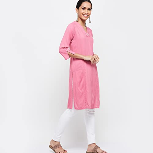 Image of Max Women Rayon Regular Solid Three-Quarter Sleeves Straight Kurta