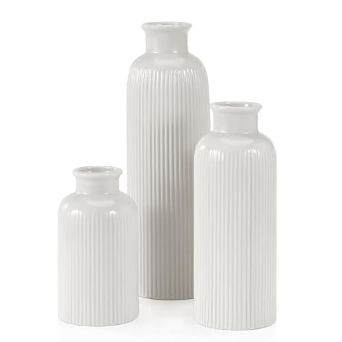 Small White Ceramic Vase Set of 3, Boho Modern White Flower Vase Room Decor, Farmhouse Decor, Vases for Your Kitchen, Bathroom, Bedroom, Living Room, Office&Shelf Centerpiece Table Decorations