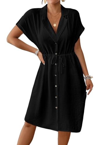 Genfien Vestido Verano Mujer Cuello V Hojas de Manga Corta Casual Vestidos de Playa con Bolsillos Cuerda de Bombeo Ajustable