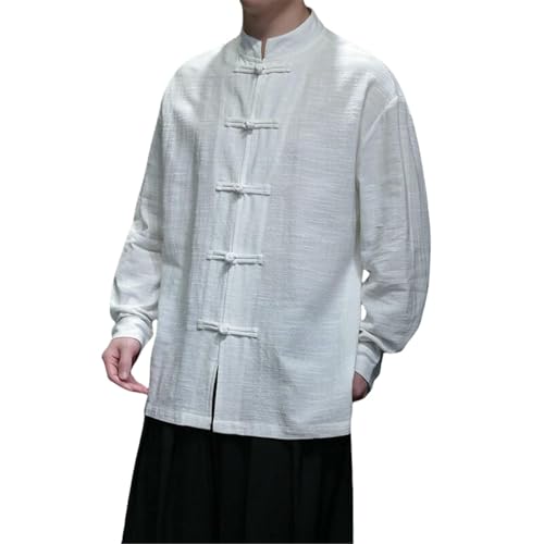 Chemise col montant homme en lin contre la chaleur rétro boutons grenouille