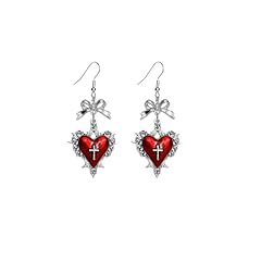 Gothic Red Bow Heart Cross Earring