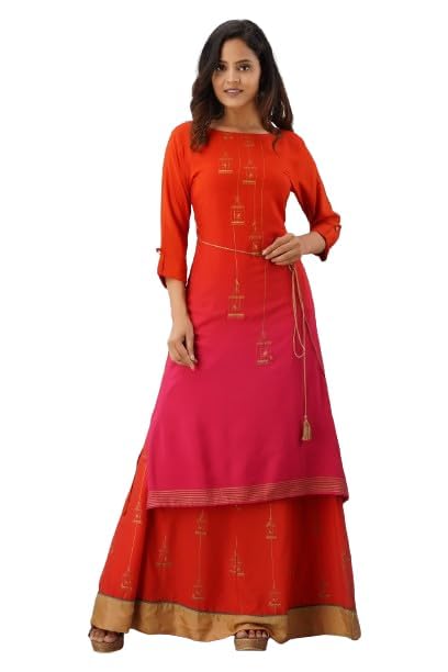 Women Rayon Red Ombre Printed A-line Suit Set with Skirt Perfect for Occasion