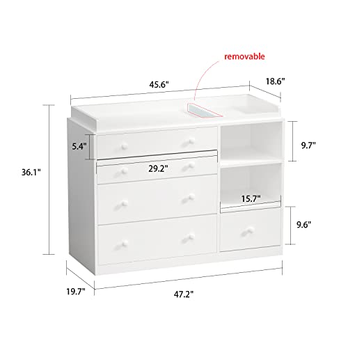 Didugo Nursery Dresser Changing Dresser With Drawers And Storage Shelves, Changing Table Dresser For Nursery Room White (47.2”W X 19.7”D X 33.3”H) #TOP4
