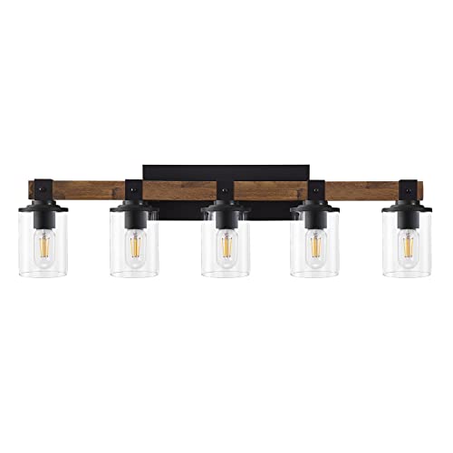 Dujahmland Farmhouse Vanity Lights, 5-Light Wood Bathroom Wall Lighting With Clear Glass, Industrial Metal Wall Sconce For Bedroom, Kitchen, Hallway (Antique Wood, 5-Light) #TOP1