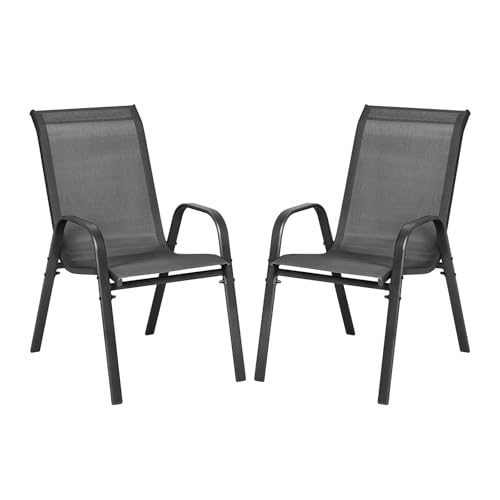 WOLTU Sillas de Jardín, Juego de 2 Sillones Apilables de Exterior, Respaldo Transpirable, Sillas para Terraza Patio Balcón, Estructura de Metal, Gris Oscuro