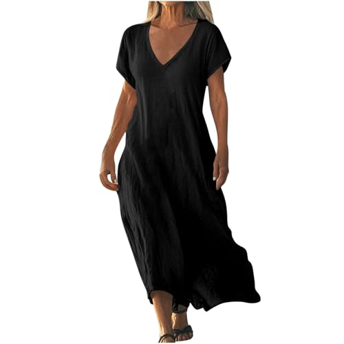 Summer Long Dresses Women Cotton or Linen V Neck Short Sleeves Dress Long Elegant Curvy Dress Casual Plus Size Solid Color Beach Dress Loose Lightweight Comfortable Dresses, 01 Black, XXL Summer Long Dresses Women Cotton or Linen V Neck Short Sleeves Dress Long Elegant Curvy Dress Casual Plus Size Solid Color Beach Dress Loose Lightweight Comfortable Dresses, 01 Black, XXL