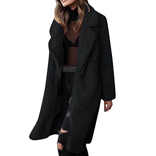 EMATOP Damen Mantel Langarm Revers Fellmantel Teddy-Fleece Warm Wintermantel Lang Einfarbig Parka Jacke Elegant Trenchcoat Lose Offene Cardigan Winterjacke Frauen Faux Wollemantel Outwear Cover
