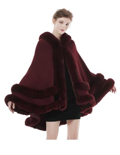 BEAUTELICATE Women Knit Cape Coat Knitted Hooded Cloak Poncho with Fur Trims Faux Fur Shawl