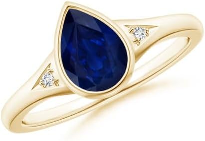 Elegant Bezel Set Blue Sapphire with Accented White CZ Tapered Band Ring for Women in Plated 925 Sterling Silver, Pear Cut 8x6 mm 1.15 Carat Sapphire Gemstone, Promise & Stacking Jewelry Gift
