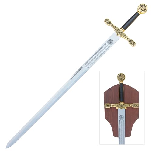 Armory Replicas™ Excalibur Sword of King Arthur – 48” Medieval Replica with Brass Handle & Gold Finish, 440 Stainless Steel Blade, Celtic Design, Free Wooden Display Plaque – Perfect for Collectors