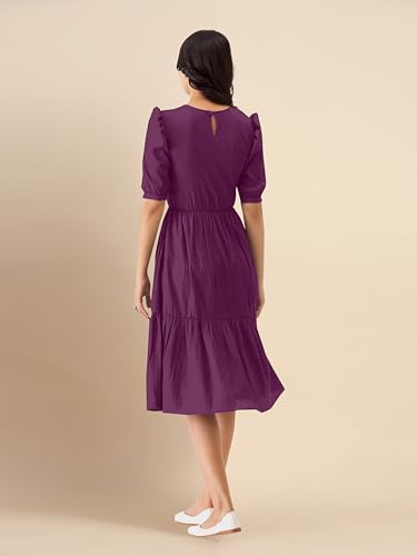 Image of TRENDMALLS Dress for Women Cotton Blend Round Neck Half Puff Sleeve Flared Pleated Midi Western Dress