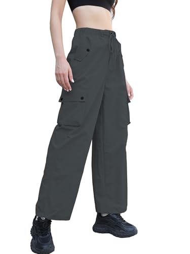 Image of Betusline Girls & Women's High Waist Wide Leg Cargo Pants Y2K Parachute Pants with Pockets and Drawstring 6 Years-Women 2XL