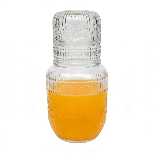 Vintage Snowflake Design Glass Carafe with Cup, 18x9.3cm Water Pitcher Set for Nightstand, Ideal for Tea, Milk, Juice, Coffee
