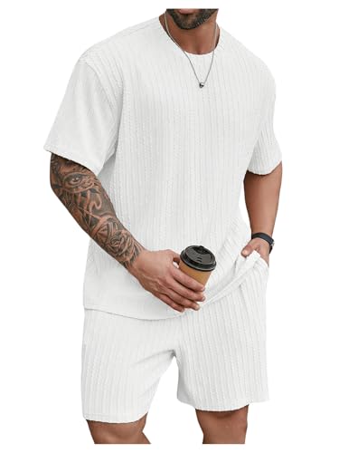 RoseSeek Men's Big and Tall 2 Piece Summer Outfits Textured Drop Shoulder T Shirt and Short Sets Tracksuit Plus White 4XL