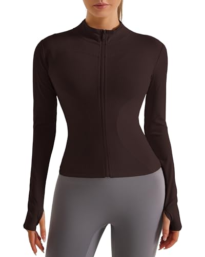 Locachy Women's Slim Fit Workout Jacket Lightweight Ribbed Full Zip Athletic Yoga Running Jackets with Thumb Holes Dark Brown XS
