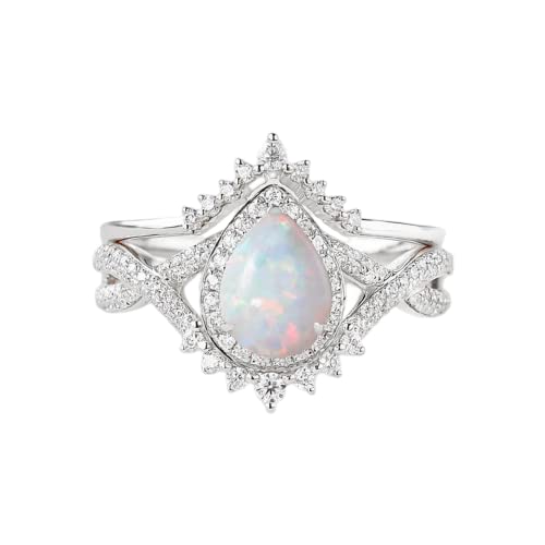 10k 14k 18k Rose White Yellow Gold 1.5ct Pear Shaped Opal Engagement Rings for Women Opal & Moissanite Bridal Set Vintage Halo Infinity Ring Set 2pcs Inspired V Shaped Wedding Band Anniversary2