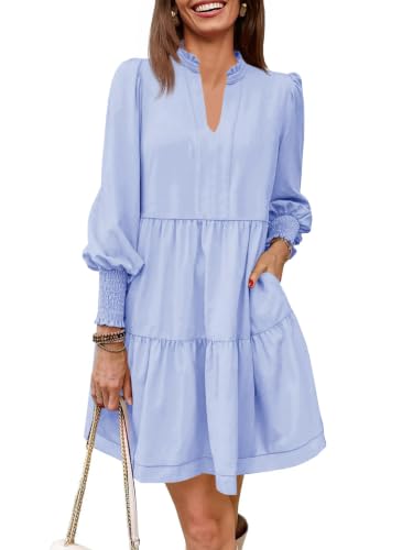 Image of Imily Bela Womens Fall Long Sleeve Tunic Dress Casual V Neck Tiered Dress | Loose,Swing,A-Line,Ruffled Collar,Puff Balloon Sleeve,Smocked Elastic Cuffs,Tiered Layered Ruffle Hem,Babydoll,Loose,Mini