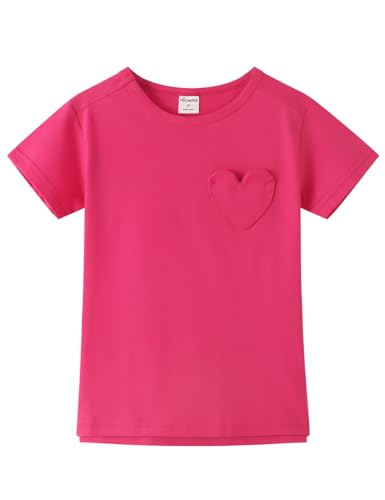 Image of Noomelfish Girls Short Sleeve Heart Pocket T-Shirts Casual Cotton Tee Tops Blouse (5-12 Years)