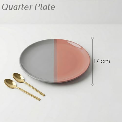 Image of The Earth Store DT Grey Pink Ceramic Dinner Set, 30 Piece Dinnerware Set with Plates, Bowls, Spoons & Lids | Microwave & Dishwasher Safe | Bone-Ash Free Crockery Set for Gifting & Dining
