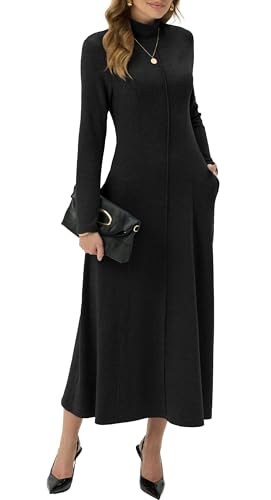 GRECERELLE Damen Maxikleid Rollkragen Langarm Herbst Winter Elegantes lässiges Daily Business Date Lounge Stretch langes Kleid mit Taschen (Schwarz,...