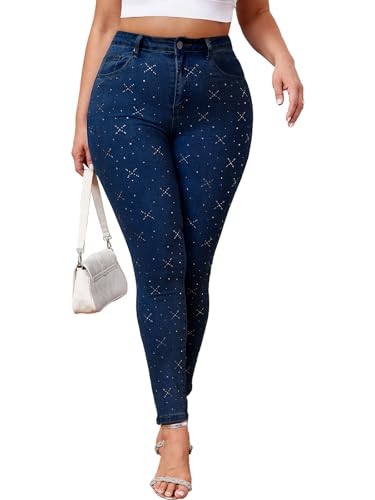 Plus Size Jeans Women Stretchy Skinny High Waisted Jeans Sparkly Rhinestone Sexy Butt Lifting Colombian Denim Pant Dark Blue