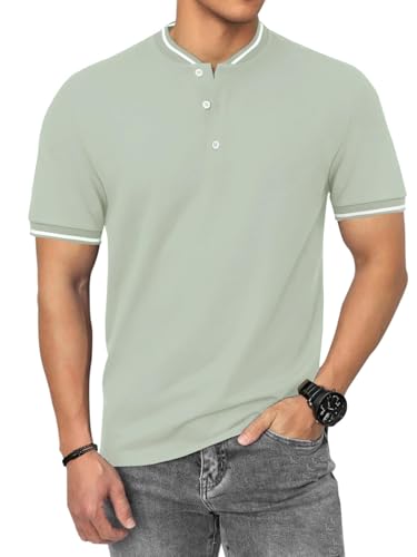 HMIYA Poloshirt Herren Kurzarm Atmungsaktiv Baumwolle Sommer Henley Knopfleiste Kontrastierender Einfassung Basic Golf T-Shirts