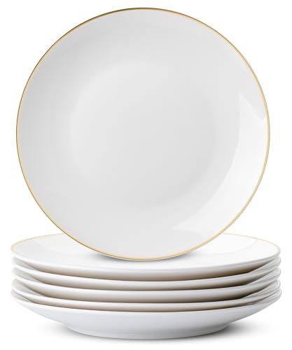 Brew To A Tea White Dessert Plates with Gold Rim, Set of 6, 8 Ceramic, Small Appetizer Plates