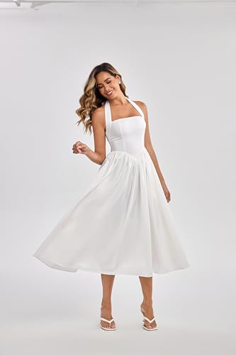 Parthea Women's Summer Halter Corset Midi Dress 2025 Elegant Smocked Flowy Wedding Guest Dresses with Pockets3
