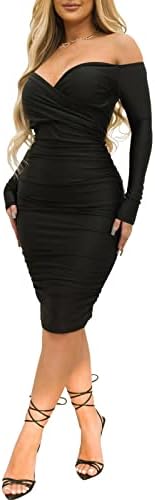 Women's Sexy Deep V Neck Off Shoulder Ruched Bodycon Long Sleeve ...
