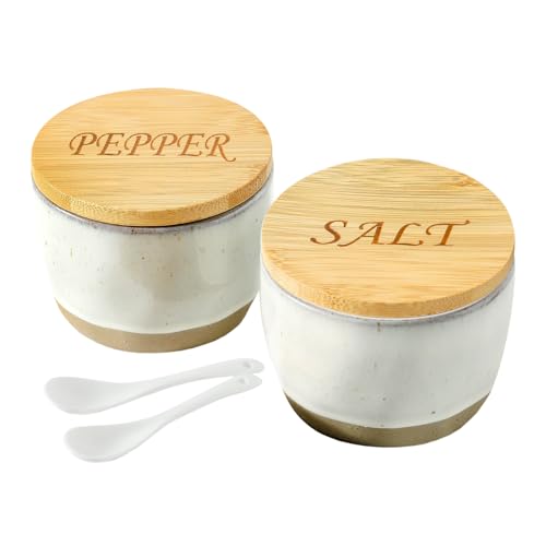 Sizikato 2 Pcs Porcelain Condiment Pot with Bamboo Lid, 10 Ounces Salt Bowl Pepper Bowl for Kitchen