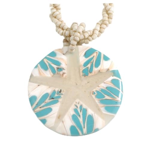 Collier pendentif rond perles de verre blanc antique et bleu clair de 44 cm pour vos tenues d'été