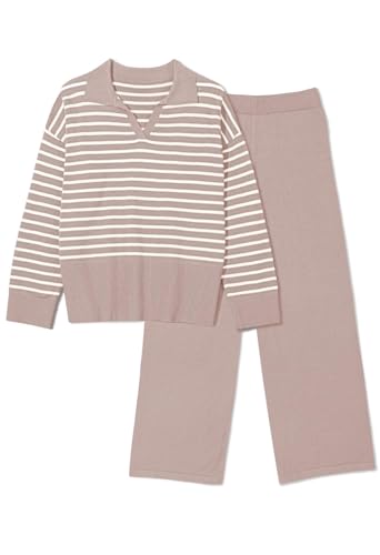 Image of Pink Queen Sweater Sets for Women 2 Piece Long Sleeve Collar V Neck Sweatsuit Knitted Stripe Pajamas